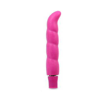 Pink silicone vibrator with ergonomic G-spot curve and spiral texture, featuring a push-button control base.