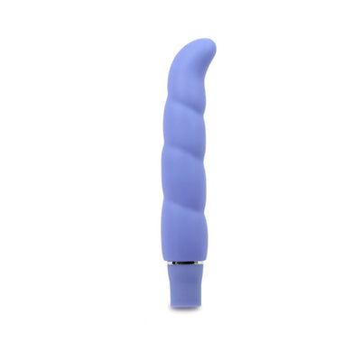 Purple silicone vibrator with spiral texture and curved tip designed for targeted stimulation.