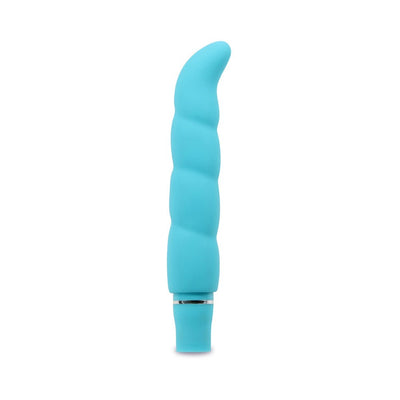 Blue silicone vibrator with ergonomic G-spot curve and spiral texture, featuring a push-button control base.