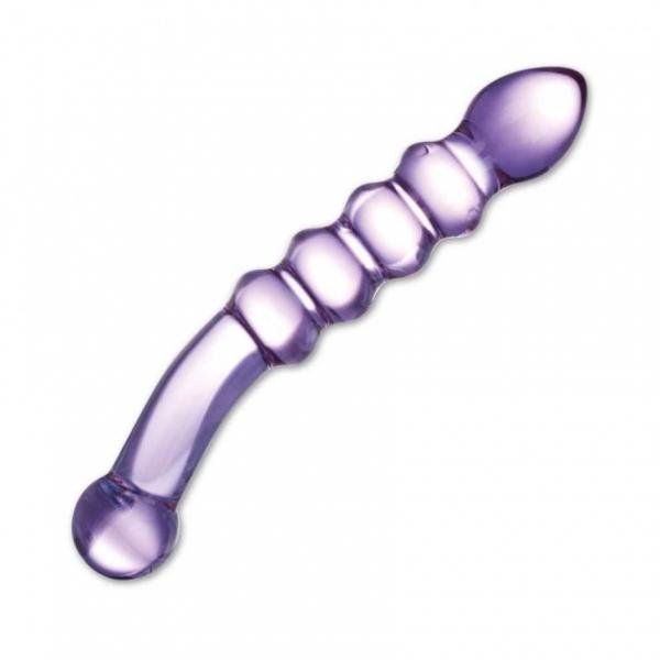 Translucent purple ribbed glass dildo with curved handle for enhanced control and stimulation.