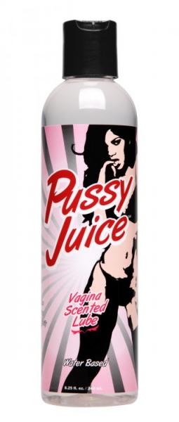 Clear 8.25oz bottle of Pussy Juice vagina scented water-based lubricant with pink and black label design.