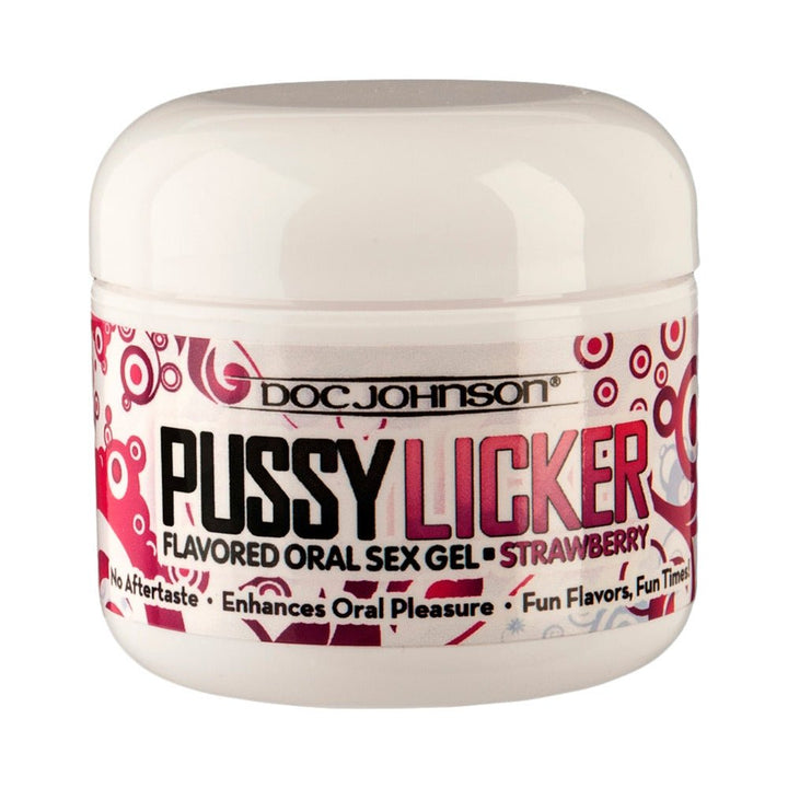 Small white jar of Doc Johnson Pussy Licker strawberry flavored oral sex gel with pink and red label design.