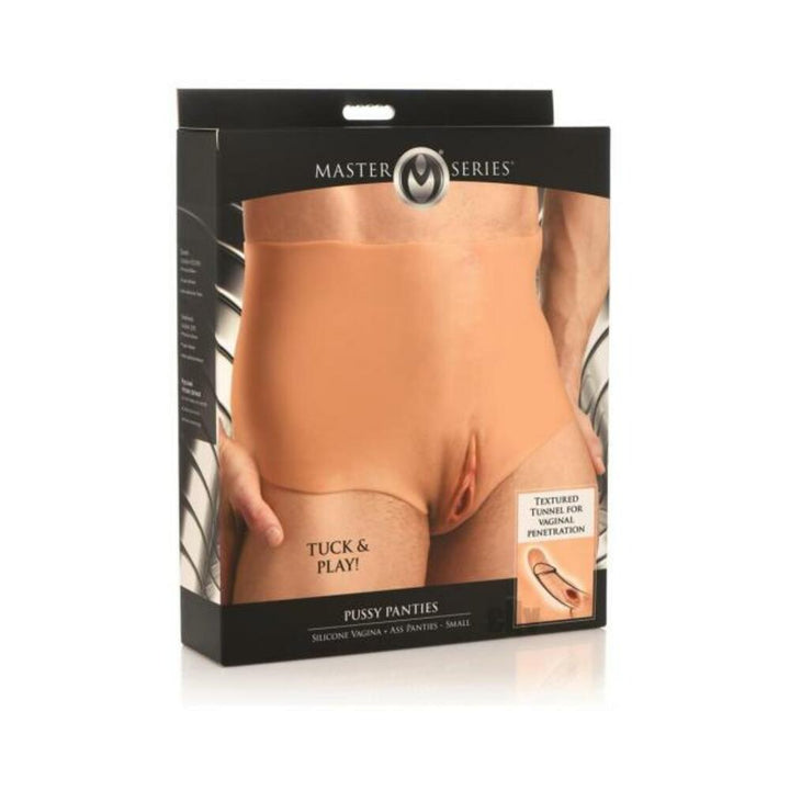 Packaging of Master Series Pussy Panties silicone vaginal and anal panties designed for tucking and penetration.
