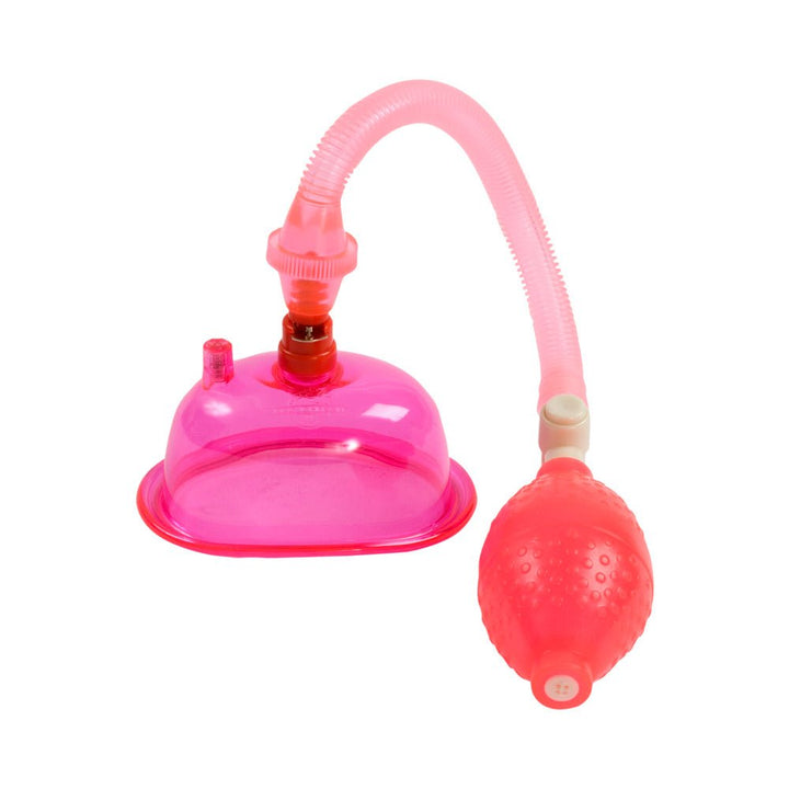 Pink full-size pussy pump with flexible hose and textured inflation bulb for enhanced sensation and suction control.