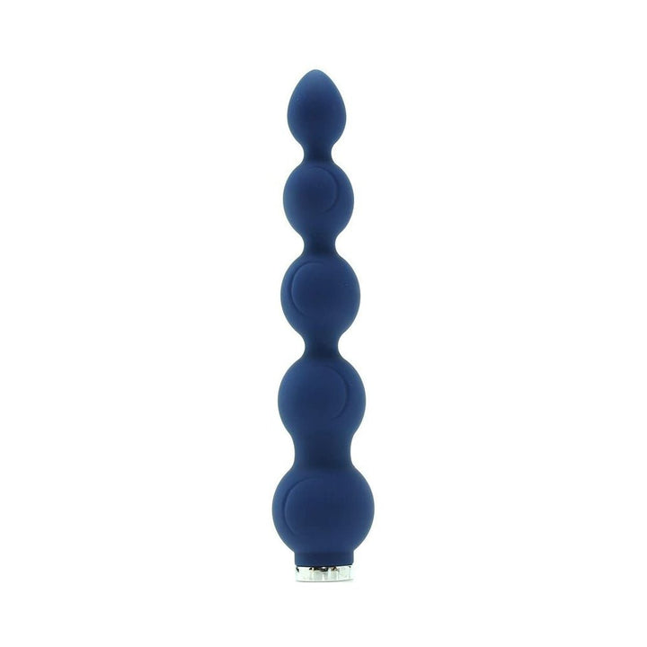 Midnight blue silicone anal vibrator with graduated beads and tapered tip, sleek and smooth design.