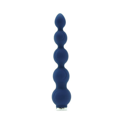 Midnight blue silicone anal vibrator with graduated beads and tapered tip, sleek and smooth design.