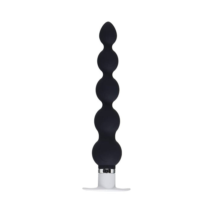 Black silicone anal vibrator with graduated beads and a white safety base, designed for beginner to advanced use.