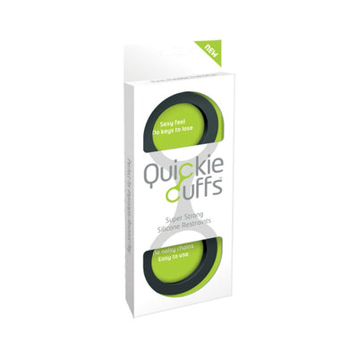 Packaging of Quickie Cuffs Large flexible silicone restraints with keyless, quiet design in white and green box.