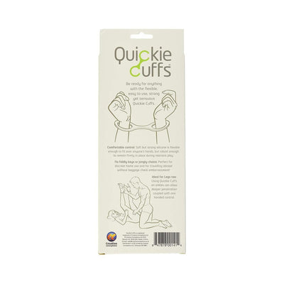 Packaging of Quickie Cuffs Large showing product features and usage illustrations on a white background.