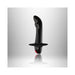 Black curved prostate vibrator with ergonomic design and red control button on a reflective surface.