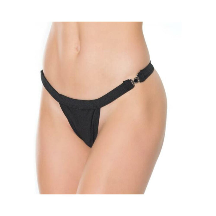 Black quick-release clasp thong with stretch fabric shown on a model's hips and waist.