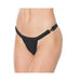 Black quick-release clasp thong with stretch fabric shown on a model's hips and waist.