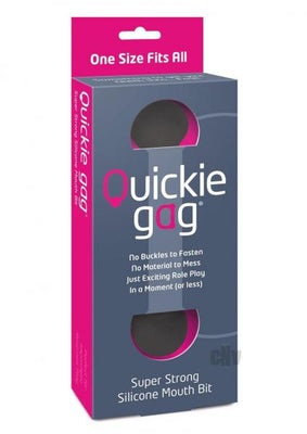 Packaging of Quickie Bit Gag in dark gray and pink box highlighting super strong silicone mouth bit and one size fits all design.