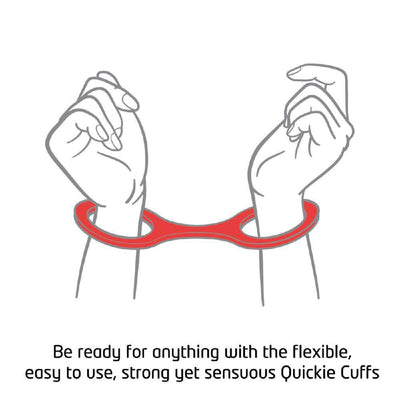 Illustration of flexible red Quickie Cuffs securing two wrists together, highlighting ease of use and comfort.