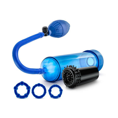 Blue penis pump with squeeze ball, flexible tube, textured black stroke sleeve, and three blue beaded cock rings.