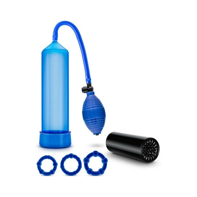 Blue penis pump with squeeze ball, black textured soft stroke sleeve, and three blue beaded cock rings on white background.