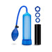 Blue penis pump with squeeze ball, flexible tube, black soft stroke sleeve, and three blue beaded rings on white background.