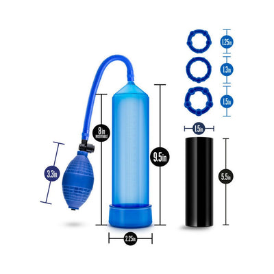 Blue penis pump with squeeze ball, flexible tube, three blue beaded rings, and black soft stroke sleeve with size measurements.