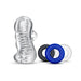 Clear textured stroker sleeve with black, blue, and white silicone cock rings on white background.