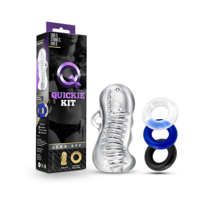 Blush Quickie Kit with clear textured stroker sleeve and three colored cock rings in black, blue, and clear.