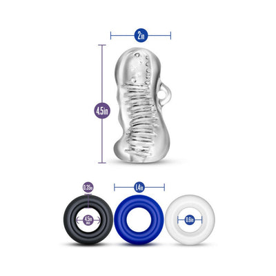 Clear textured stroker sleeve with three differently sized cock rings in black, blue, and white, shown with measurements.