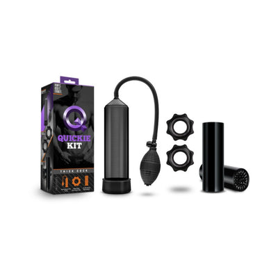 Blush Quickie Kit with black suction pump, two textured cock rings, and a ribbed stroke sleeve next to product packaging.