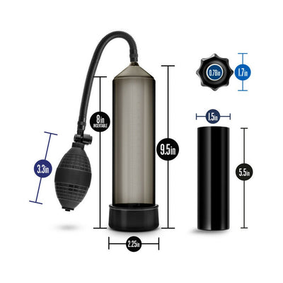 Black Quickie Kit with suction pump, 8-inch insertable chamber, stroke sleeve, and cock rings with size measurements shown.