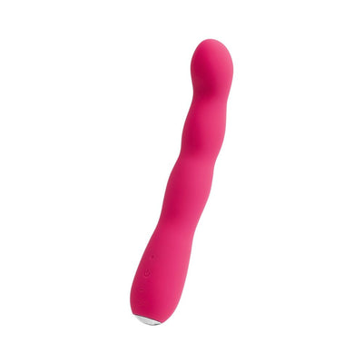Pink silicone vibrator with a curved, textured shaft and ergonomic handle with control buttons.