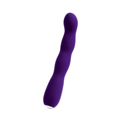 Purple silicone vibrator with a curved, flexible shaft and ergonomic handle featuring control buttons.
