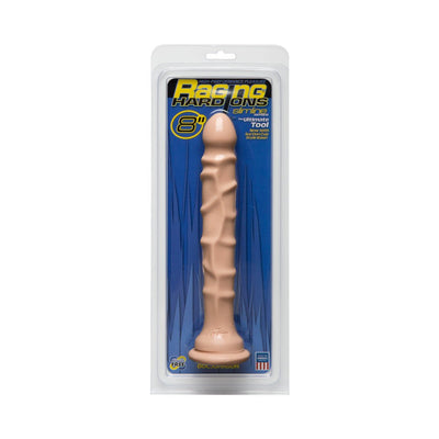 Beige 8-inch textured slimline dong with suction cup base in clear retail packaging against blue background.