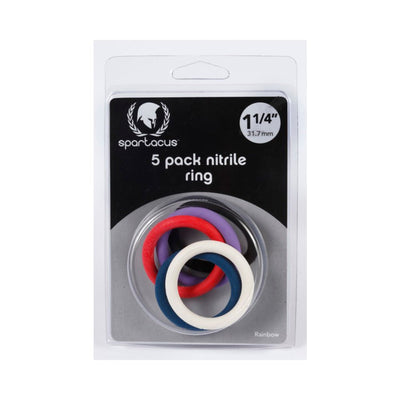 Pack of five Spartacus nitrile rings in assorted colors, 1.25 inches diameter, displayed in clear retail packaging.