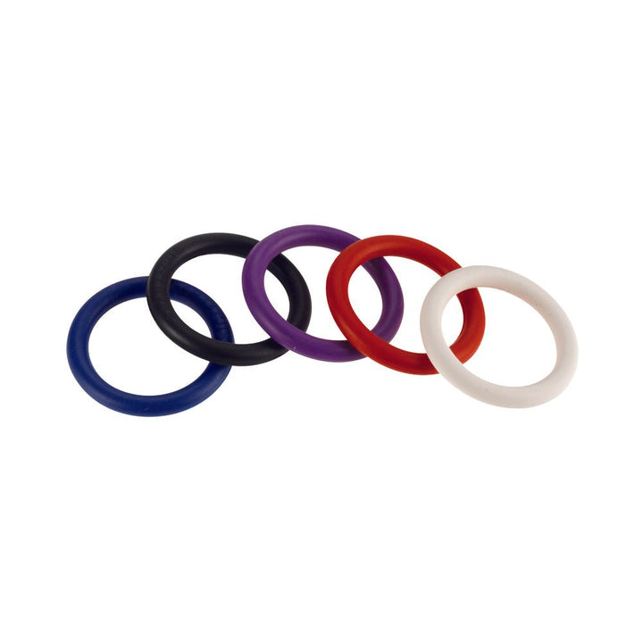 Set of five colorful nitrile cock rings in blue, black, purple, red, and white, each 1.25 inches in diameter.