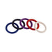 Set of five colorful nitrile cock rings in blue, black, purple, red, and white, each 1.25 inches in diameter.