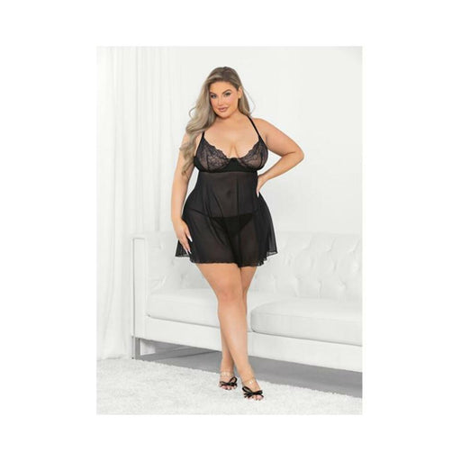 Raised Embroidery Lace Babydoll Black 1x - SexToy.com