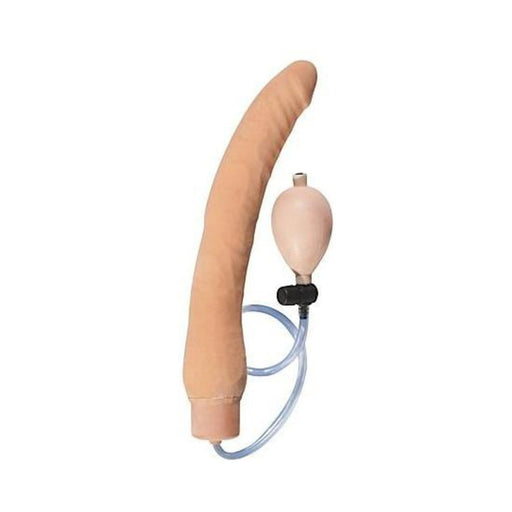 Beige inflatable dong with squeeze bulb and clear tubing for adjustable size and waterproof use.