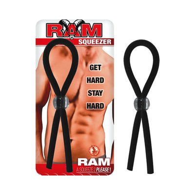 Black adjustable RAM Squeezer cock ring with a sliding bead, shown on packaging and separately.