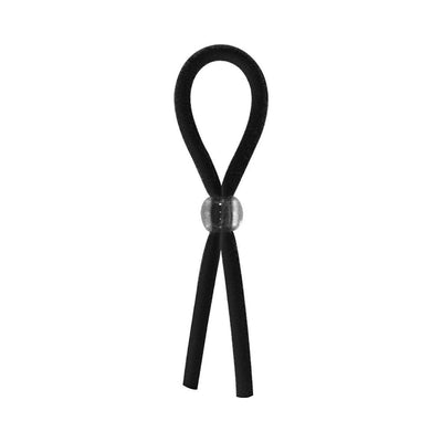 Black adjustable cock ring with a clear sliding bead for customizable fit and comfort.