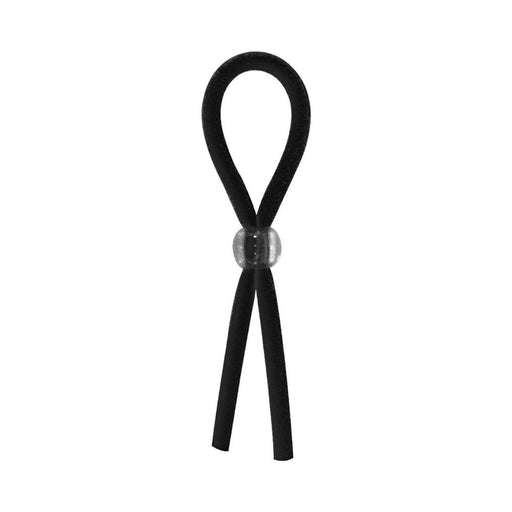 Black adjustable cock ring with a clear sliding bead for customizable fit and comfort.