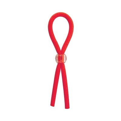 Adjustable red silicone cock ring with clear sliding tension bead on white background.