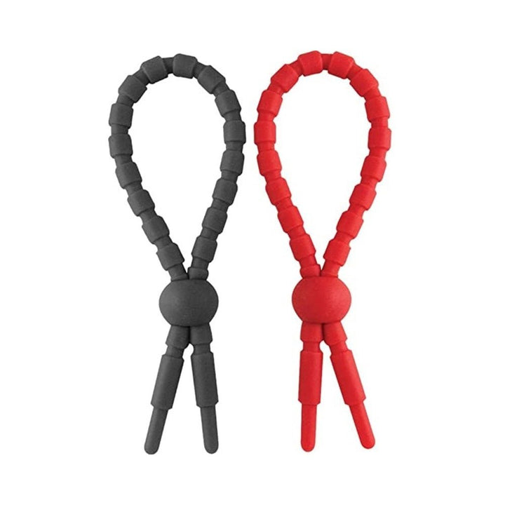 Two silicone cock ties in red and black with adjustable bead design on white background