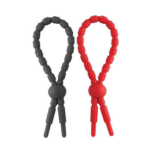 Two silicone cock ties in red and black with adjustable bead design on white background