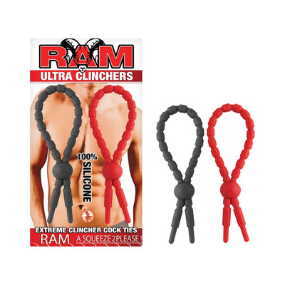 Two silicone cock ties in red and black with a beaded design, shown in packaging and separately.