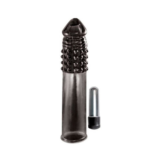 Black ribbed vibrating penis extender sleeve with removable bullet vibrator on white background.