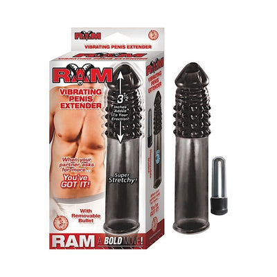 Ram Vibrating Penis Extender with ribbed texture and removable bullet vibrator shown with packaging and product details.