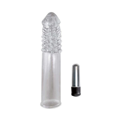Clear ribbed vibrating penis extender sleeve with removable silver bullet vibrator on white background.