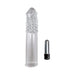 Clear ribbed vibrating penis extender sleeve with removable silver bullet vibrator on white background.