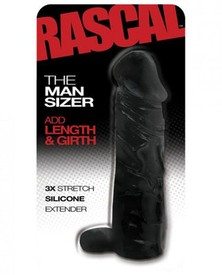 Black silicone penis extender with 3X stretch, designed to add length and girth, packaged under Rascal brand.