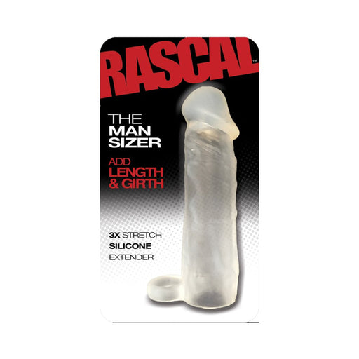 Clear silicone penis extension with integrated cock ring, packaged with Rascal branding and product details.