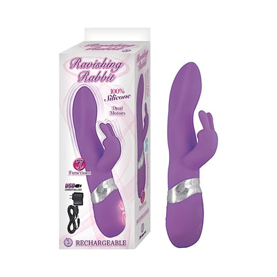 Purple silicone rabbit vibrator with dual motors and 7 functions, shown with packaging and USB charger.