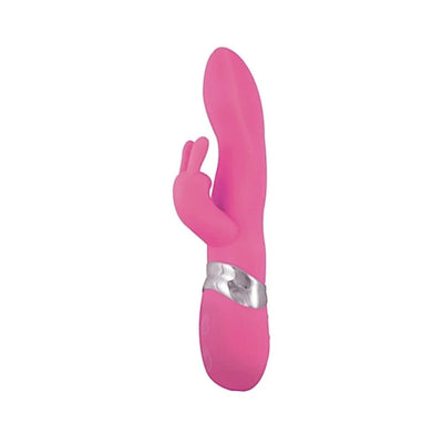 Pink silicone rabbit vibrator with curved shaft and dual motors, featuring a silver accent band and ergonomic design.